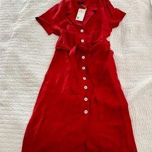 Quince Red Linen Button-Down Midi Dress NWT S